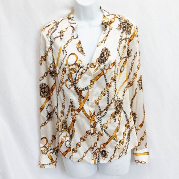 Cache Vgt Y2K 90s Button Up Equestrian Scarf Western Silk Shirt V-Neck Size M - Picture 1 of 9